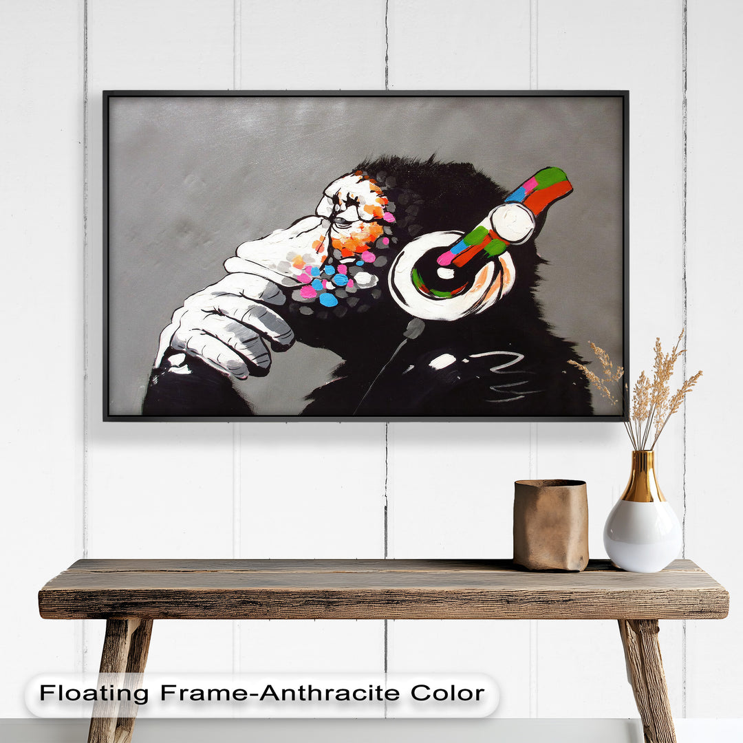 Contemplative Chimp with Headphones - Banksy Oil Painting