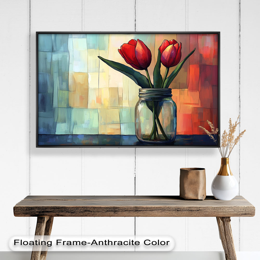 A vibrant still-life painting featuring two red tulips in a glass mason jar, set against a colorful abstract background with warm and cool tones.