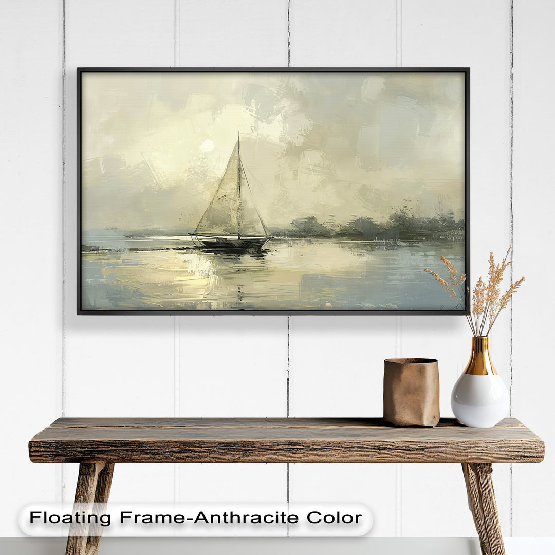 A tranquil and atmospheric painting depicting a sailboat gliding through still waters, with a muted color palette evoking a sense of calm and solitude.