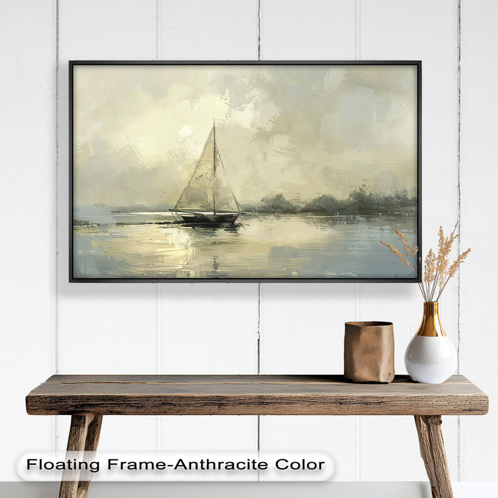 A tranquil and atmospheric painting depicting a sailboat gliding through still waters, with a muted color palette evoking a sense of calm and solitude.