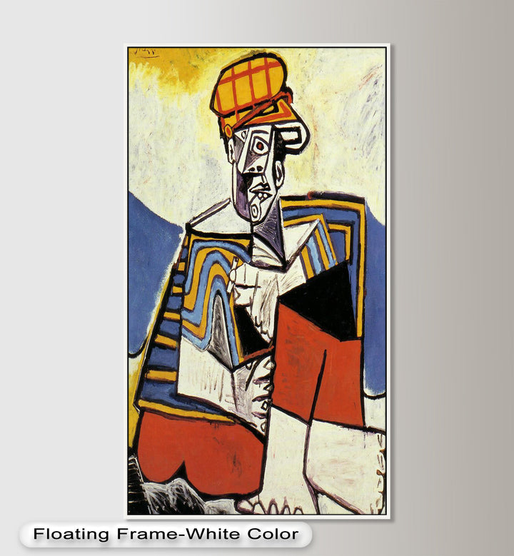 An energetic cubist representation of a seated man, characterized by rhythmic lines, vibrant blocks of color, and expressive abstraction.