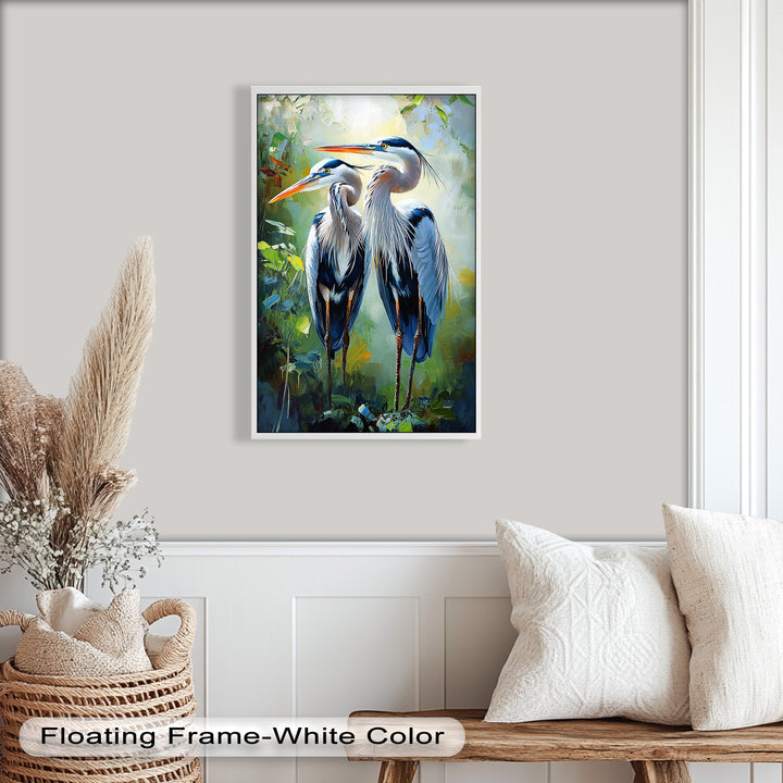 Pair of Herons in Forest Light – Animal Oil Painting