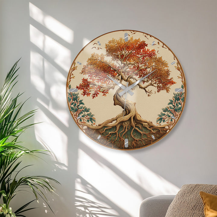 Autumn Tree of Life Glass Wall Clock – Rustic Fall Decor