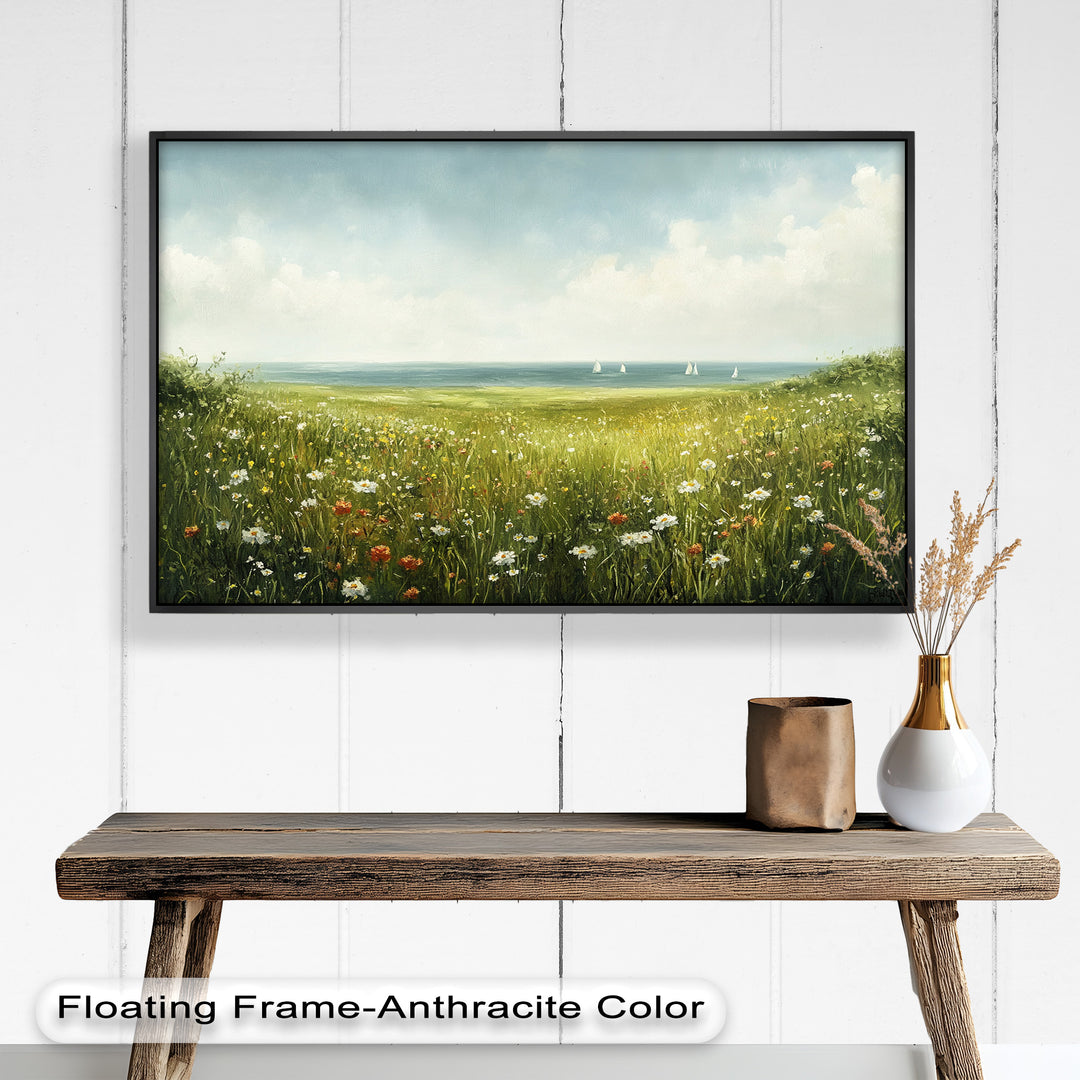 The soft blend of greens, blues, and whites brings harmony and lightness to the scene, evoking peace and open-air freedom.