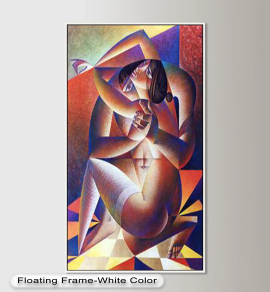 Vertical abstract embrace cubist oil painting reproduction print features an elongated rectangular shape with a figurative composition of two lovers.