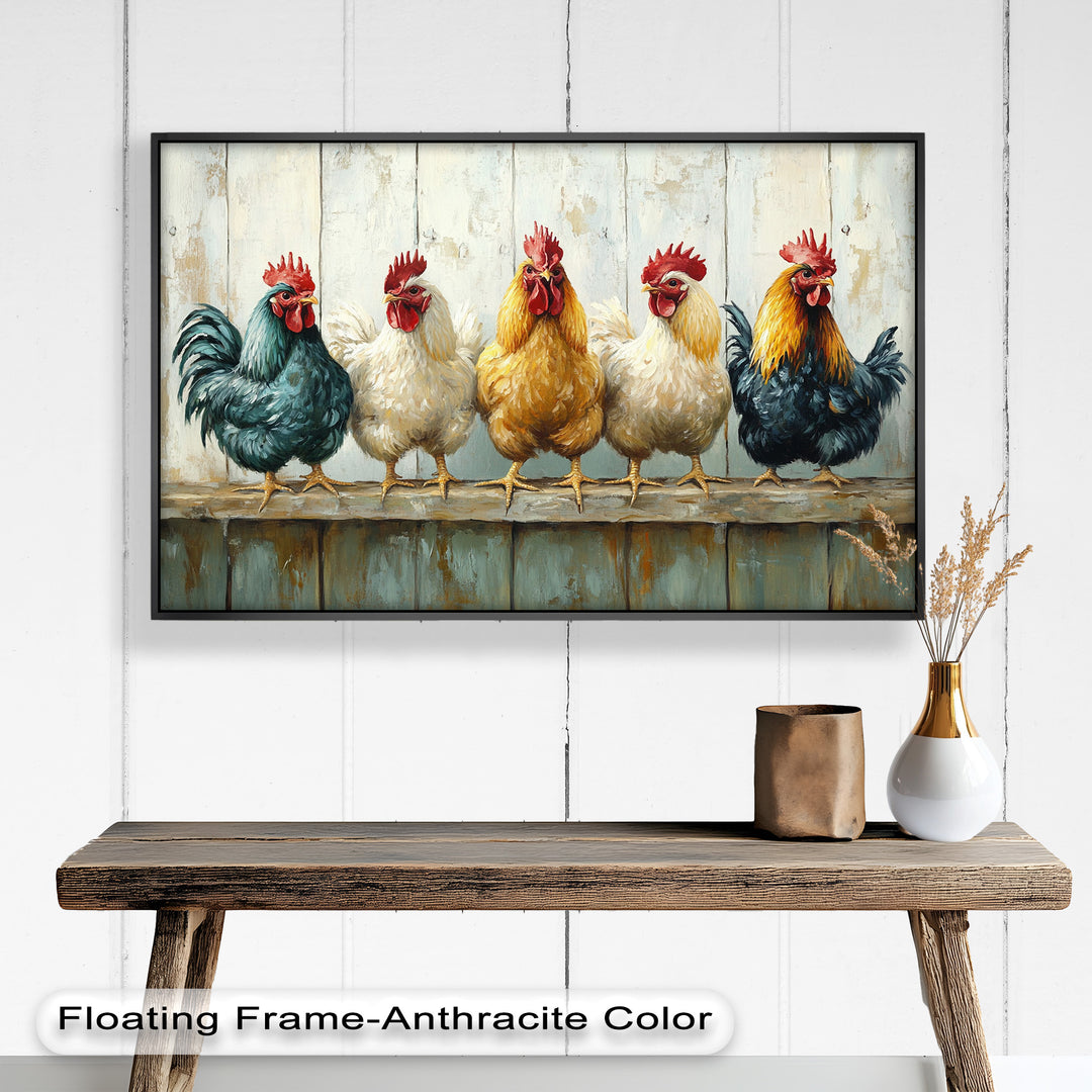 Colorful Roosters on a Wooden Fence – Animal Oil Painting