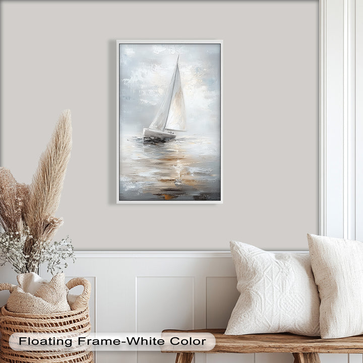 Sailing Through the Mist – White Boat Oil Painting