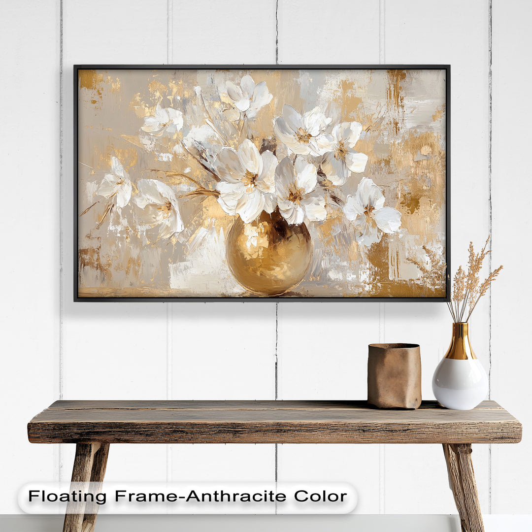 Golden Vase with White Florals – Flower Oil Painting