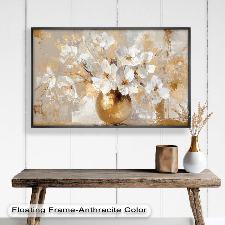 Golden Vase with White Florals – Flower Oil Painting