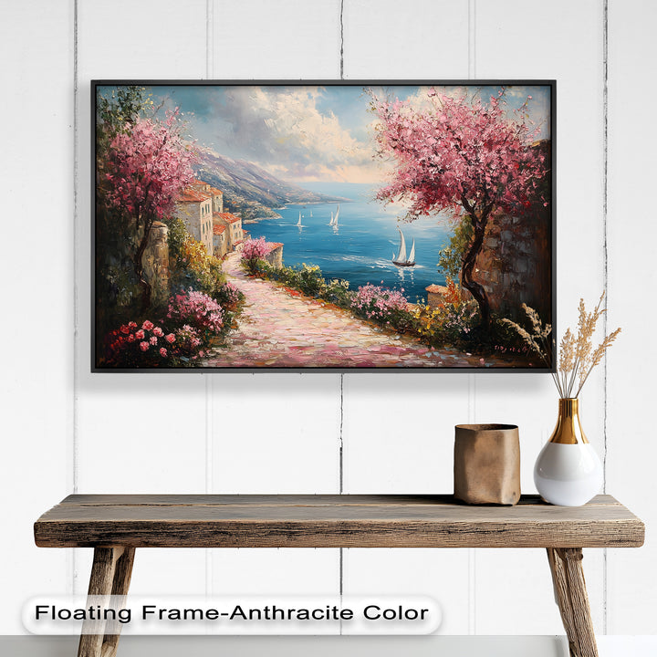 Incredible Sea Street & Spring Blossoms – Coastal Charm Oil Painting