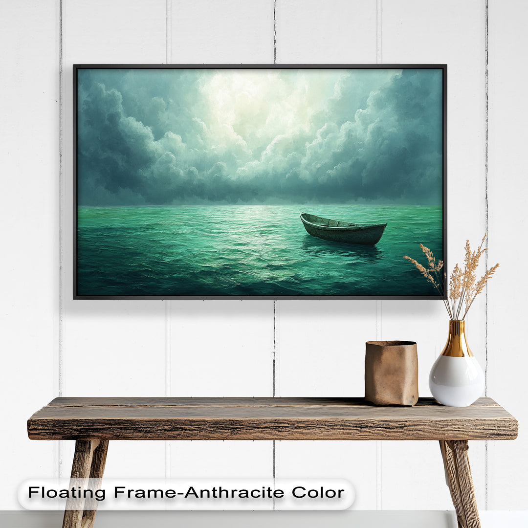 Solitude Adrift – Serene Empty Rowboat Oil Painting