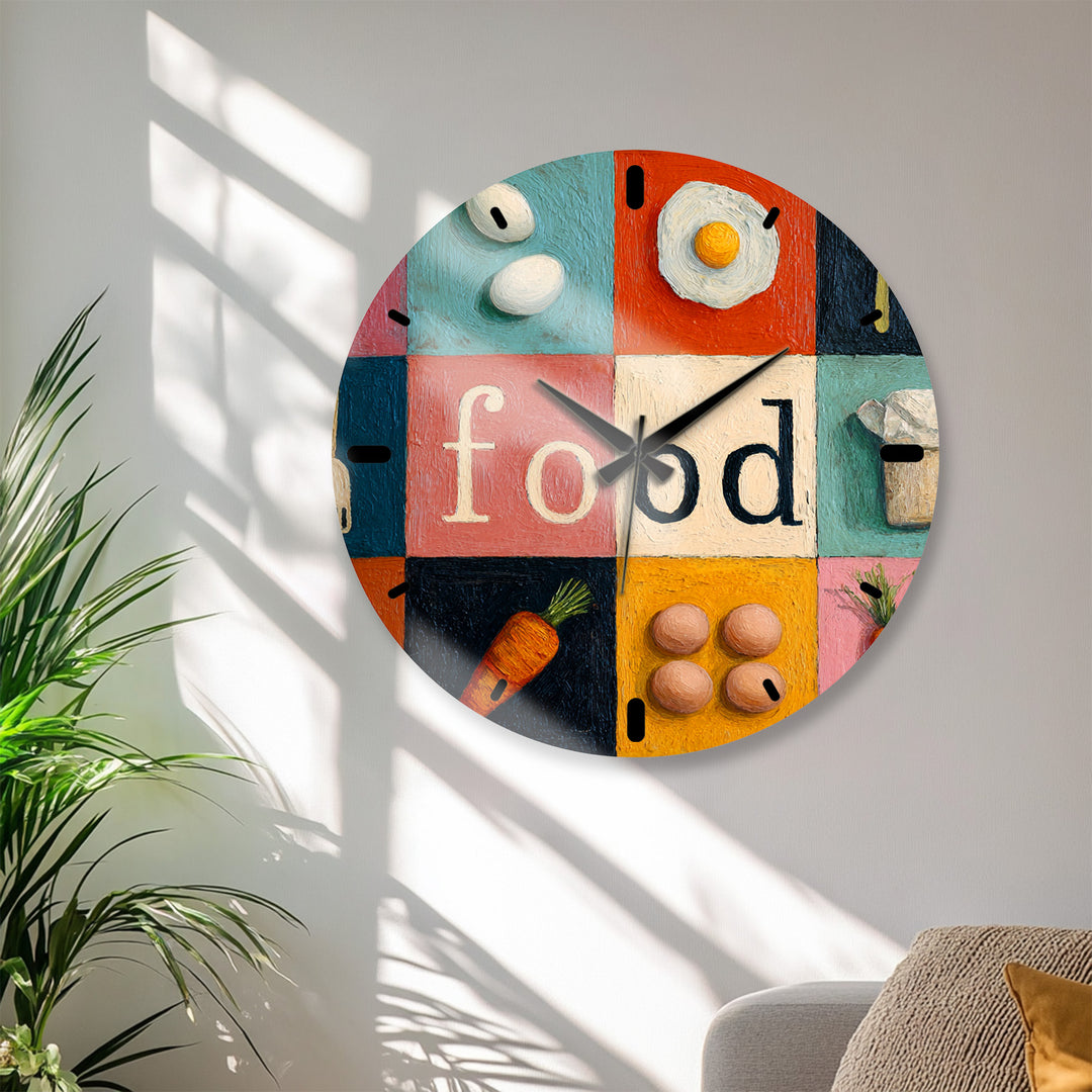 Colorful Food Glass Wall Clock – Retro Kitchen Decor