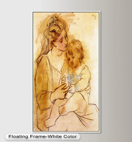 Gently rendered lines and delicate shading define the mother and child in this modern oil painting art inspired by Picasso's tender drawing.