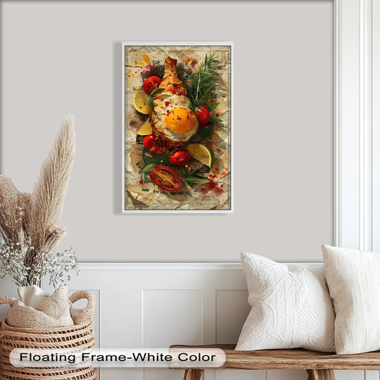 Radiating energy, the artistic oil painting decoration captures the vibrant movement of a fried egg atop roast chicken, with scattered herbs and lime adding to the dynamism.