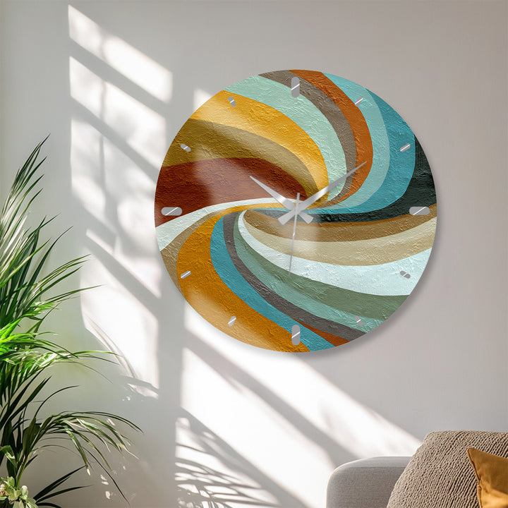 Retro Wave Glass Wall Clock – Teal and Mustard Abstract Decor