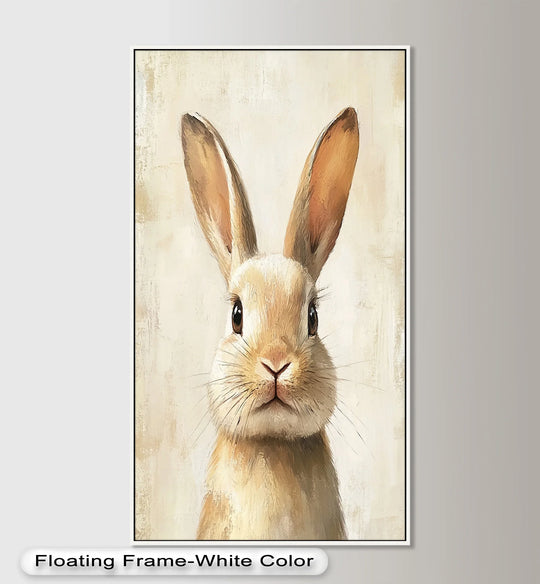 Subdued color saturation enhances the delicate charm of this soft-gazed bunny oil painting wall art, showcasing subtle cream hues and intricate detail.