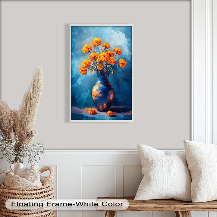 Golden Marigolds in Midnight Blue – Flower Oil Painting