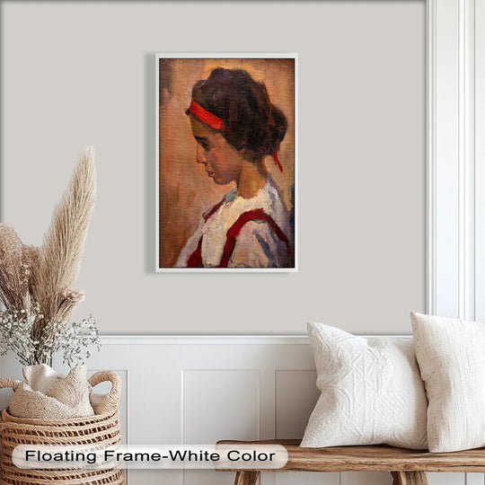 Revealing the depth and layers of the side portrait in an oil painting reproduction print, showcasing the young woman with a striking red ribbon and an artistic layered style.