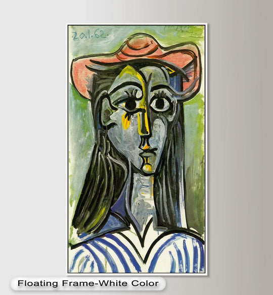 Bright color saturation accentuates the expressive lines of this Picasso oil painting home decor, highlighting the woman in a rose hat cubist portrait.