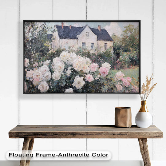 Layers create depth in this oil painting wall art, showcasing an impressionist floral house scene with roses and a cottage garden in soft, romantic pastels.