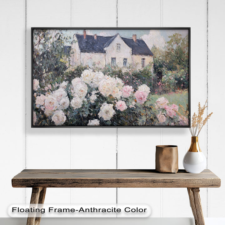 Cottage Garden Roses – Impressionist Floral House Scene Oil Painting