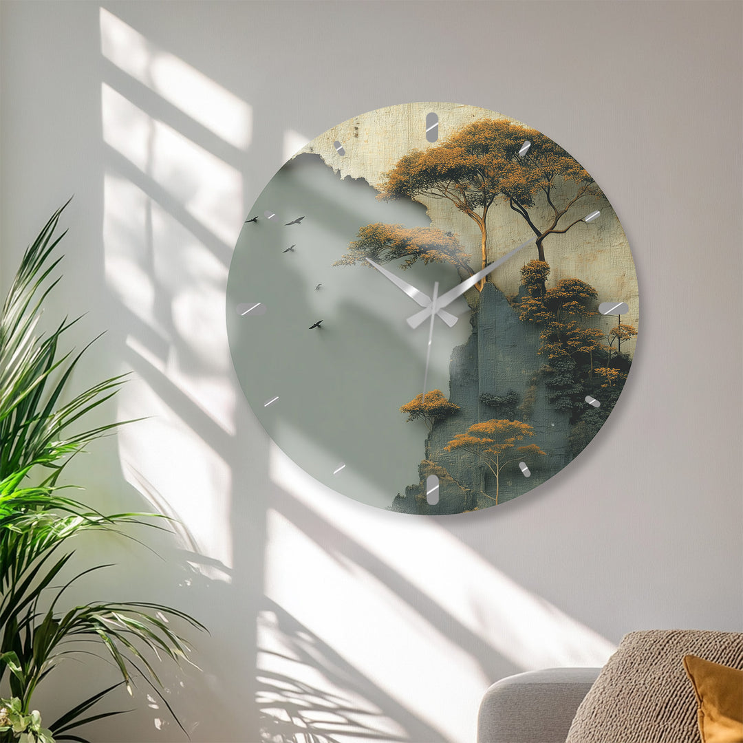 Misty Forest Glass Wall Clock – Golden Mountain Landscape