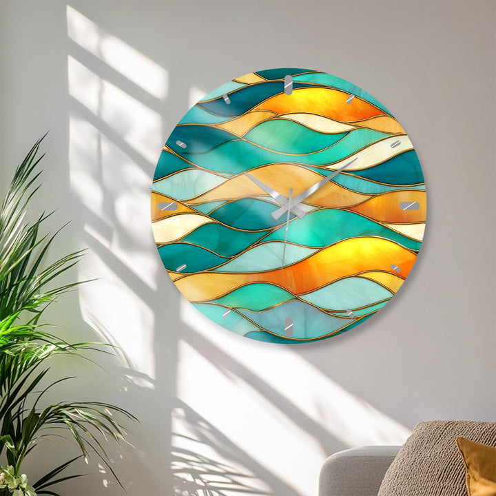Turquoise Wave Glass Wall Clock – Abstract Stained Glass Decor