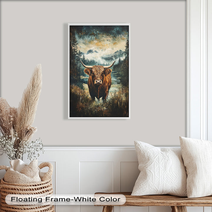 Highland Cow in Misty Pines – Wilderness Oil Painting