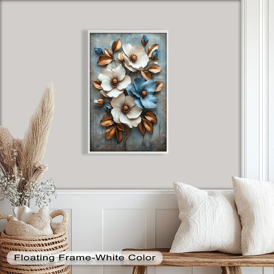Sculpted, organic forms of white and blue blossoms and metallic leaves define this luxurious Gilded Petals oil painting wall art.