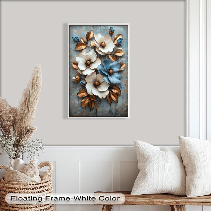 Gilded Petals – Luxuriöses Ölgemälde mit weißen und blauen Blumen