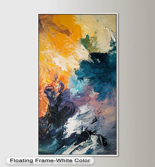Swirling brushstrokes in this abstract 'Oceanic Ember' oil painting decoration create a dynamic sense of movement, with rich texture and bold, fiery colors blending and flowing.