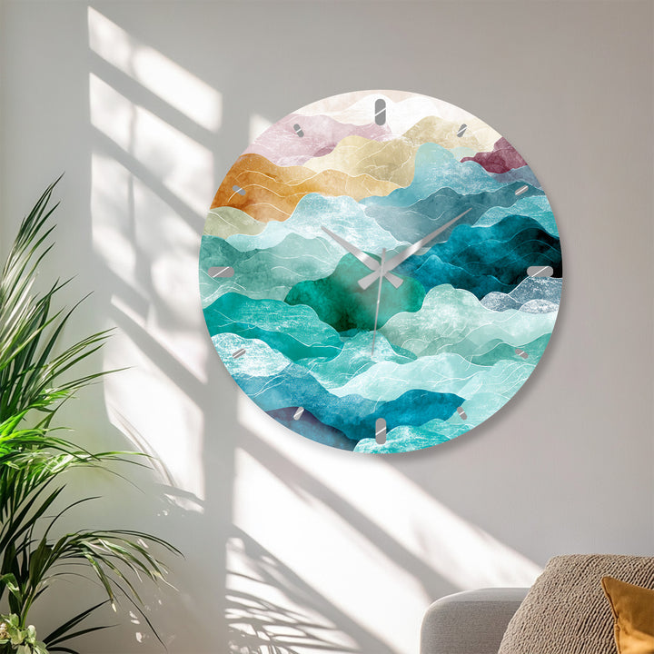 Abstract Mountain Glass Wall Clock – Teal Boho Landscape Decor