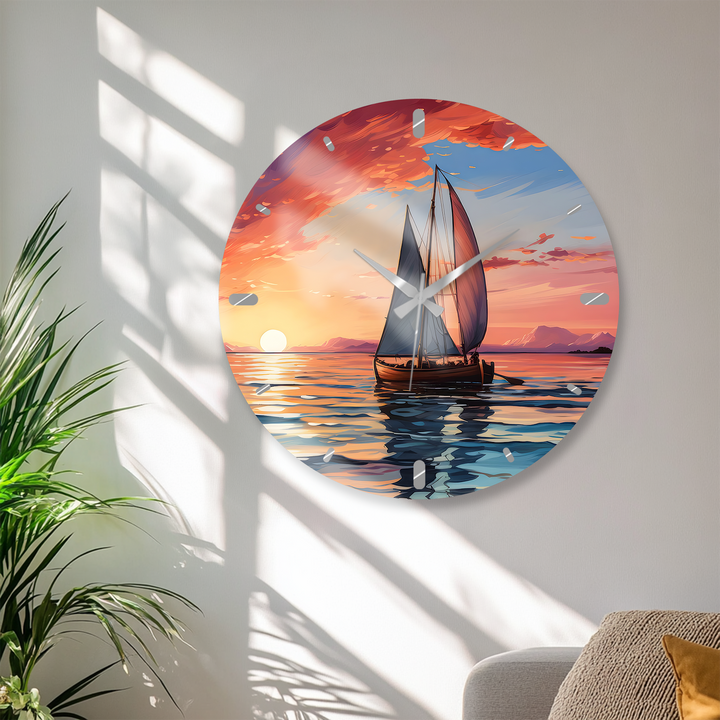 Sunset Sailboat Glass Wall Clock – Coastal Nautical Decor