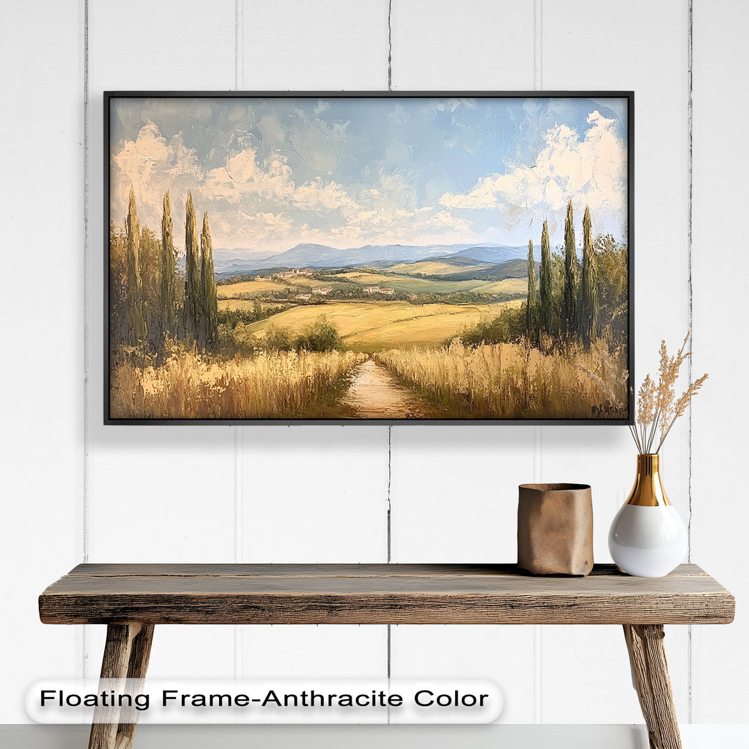 A serene and inviting countryside scene brings the warmth of the Italian countryside to life, showcasing rolling hills bathed in soft light and dotted with charming farmhouses.
