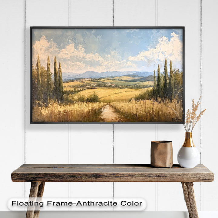 A serene and inviting countryside scene brings the warmth of the Italian countryside to life, showcasing rolling hills bathed in soft light and dotted with charming farmhouses.