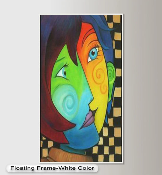 Showcasing depth and layers, this vibrant oil painting artwork features a dual face in an abstract cubist style, its unique layers revealing a colorful harmony.