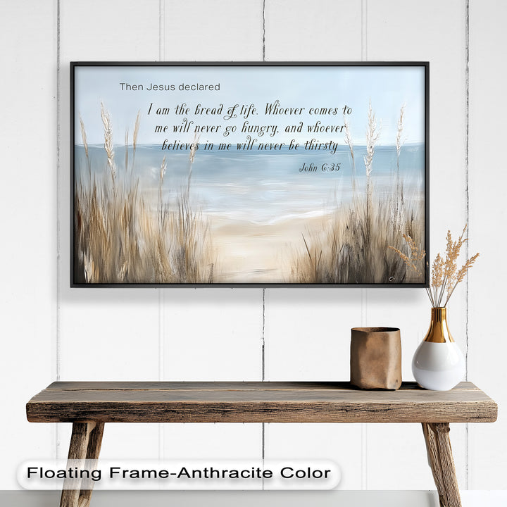 Christian-inspired beach scene with scripture about faith and fulfillment.
