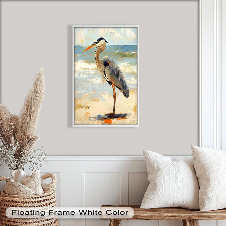 Elegant Heron Standing on Shoreline – Framed Oil Painting