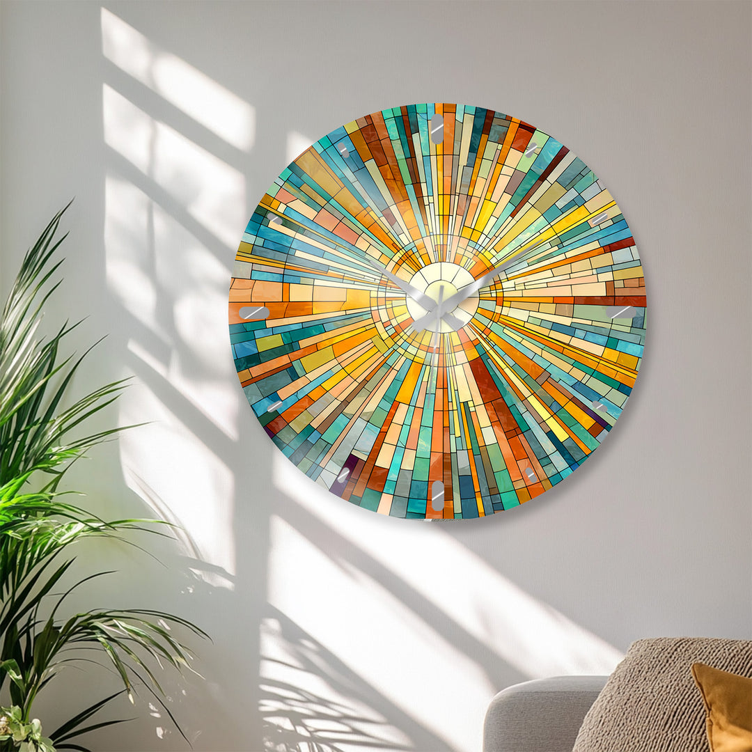 Geometrische Sunburst-Glaswanduhr – Bunte Mosaikkunst