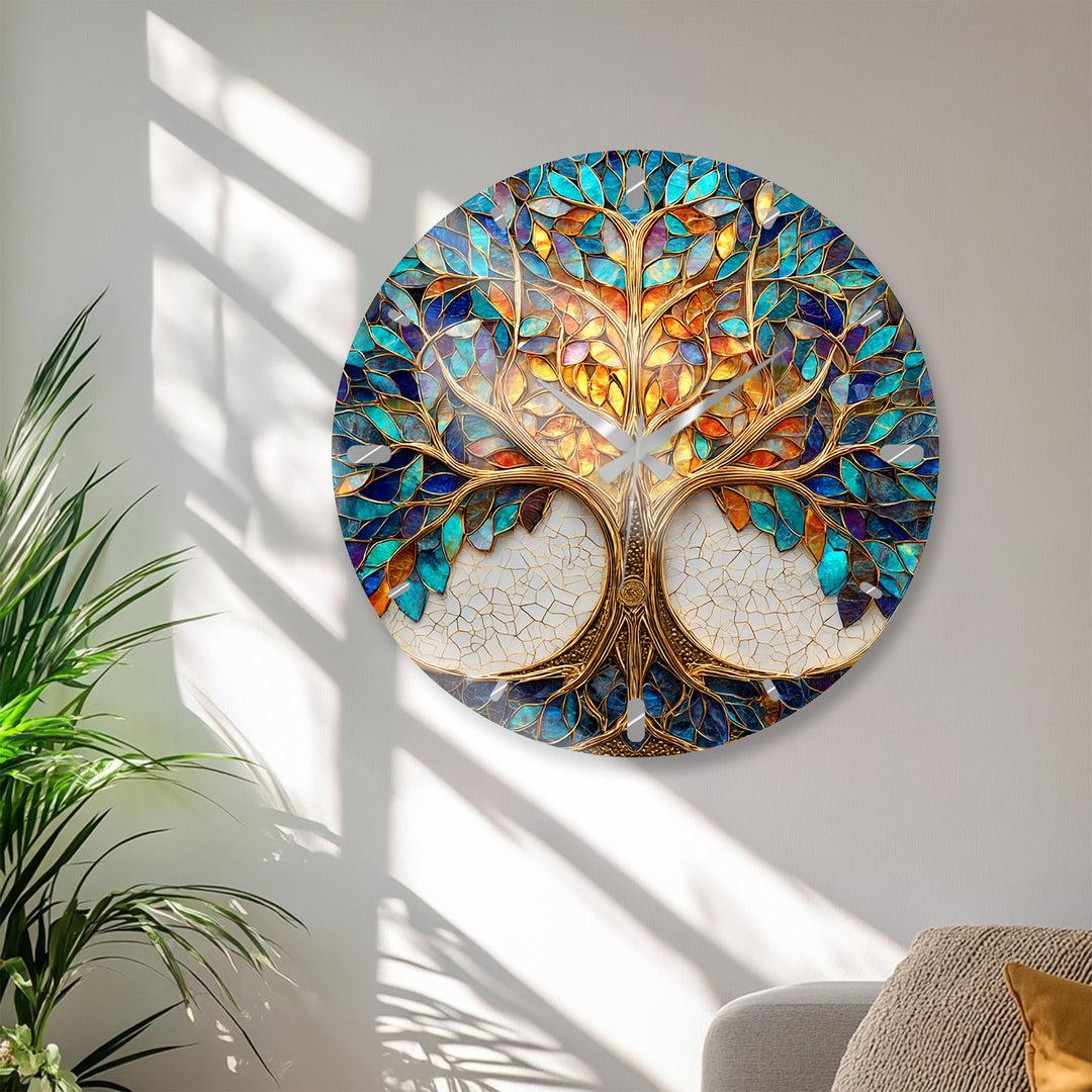 Tree of Life Glass Wall Clock – Blue and Gold Mosaic Decor