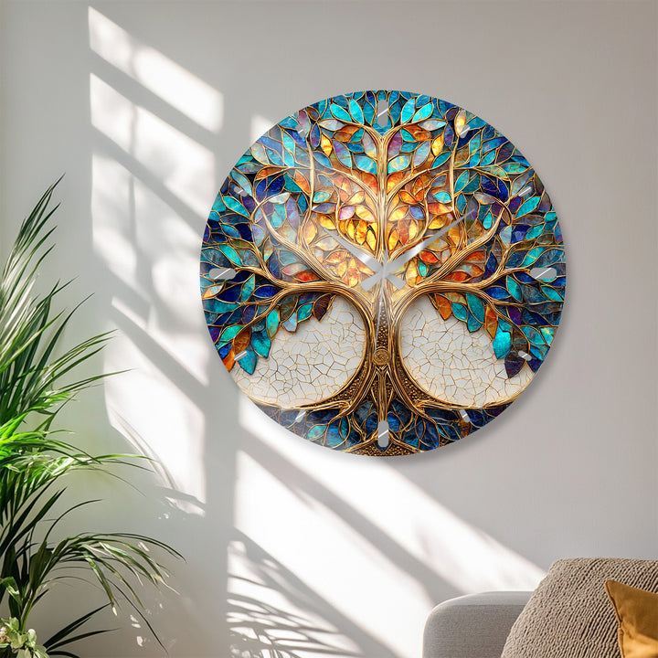 Tree of Life Glass Wall Clock – Blue and Gold Mosaic Decor