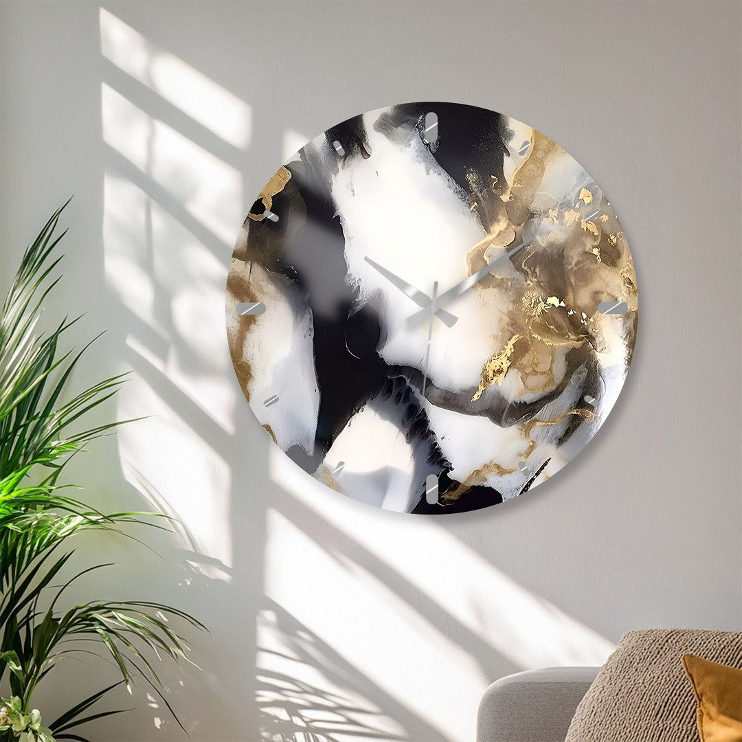 Black and Gold Marble Glass Wall Clock – Abstract Luxury Decor