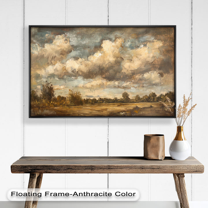 Weite Landschaft mit grauen Wolken – Ruhige Natur Ölgemälde