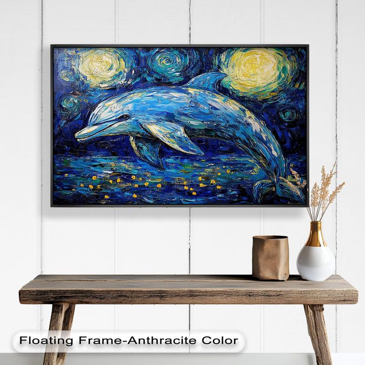 Starry Night Dolphin in Ocean Dreamscape – Animal Oil Painting