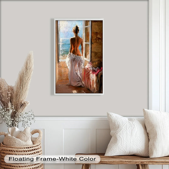 Brushstroke details create a textured surface in this oil painting decoration of a romantic nude woman gazing at the sea in 'Whispers of the Sea.'
