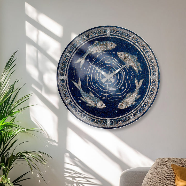Blue Fish Mosaic Glass Wall Clock – Mediterranean Coastal Decor