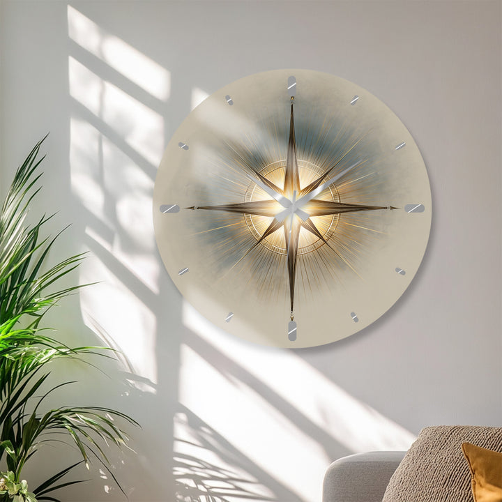 Gold Compass Rose Glass Wall Clock – Elegant Nautical Decor