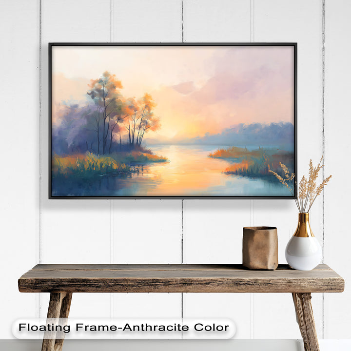 The soothing colors and expressive brushstrokes of this nature-inspired painting create a sense of calm, evoking the quiet beauty of a river at sunset.
