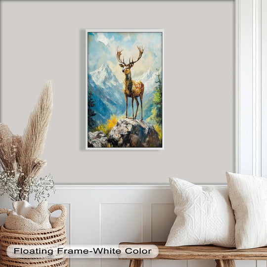 Standing out, the stag in a mountain landscape is a captivating oil painting reproduction print depicting a majestic animal against a backdrop of snowy peaks.