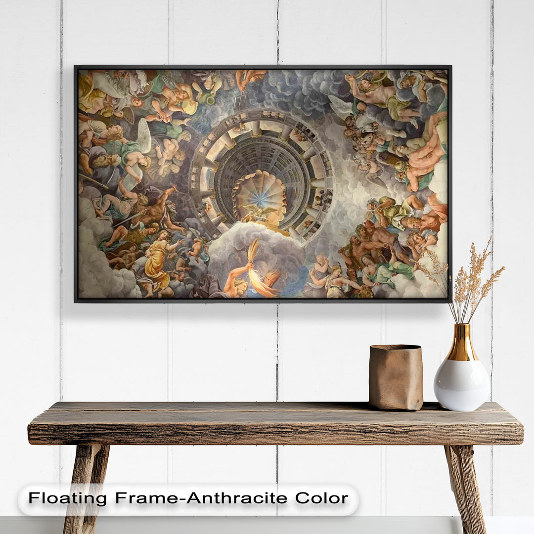 Baroque-style ceiling artwork with concentric architectural elements and a vibrant assembly of celestial beings creating a sense of spiritual ascension.